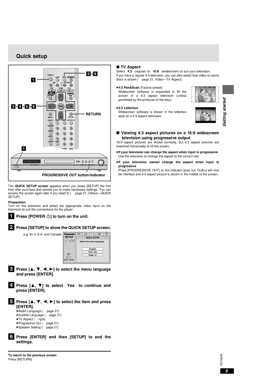 Panasonic DVD-RP82 warranty Quick setup, Press Enter and then Setup to end the settings, Return 