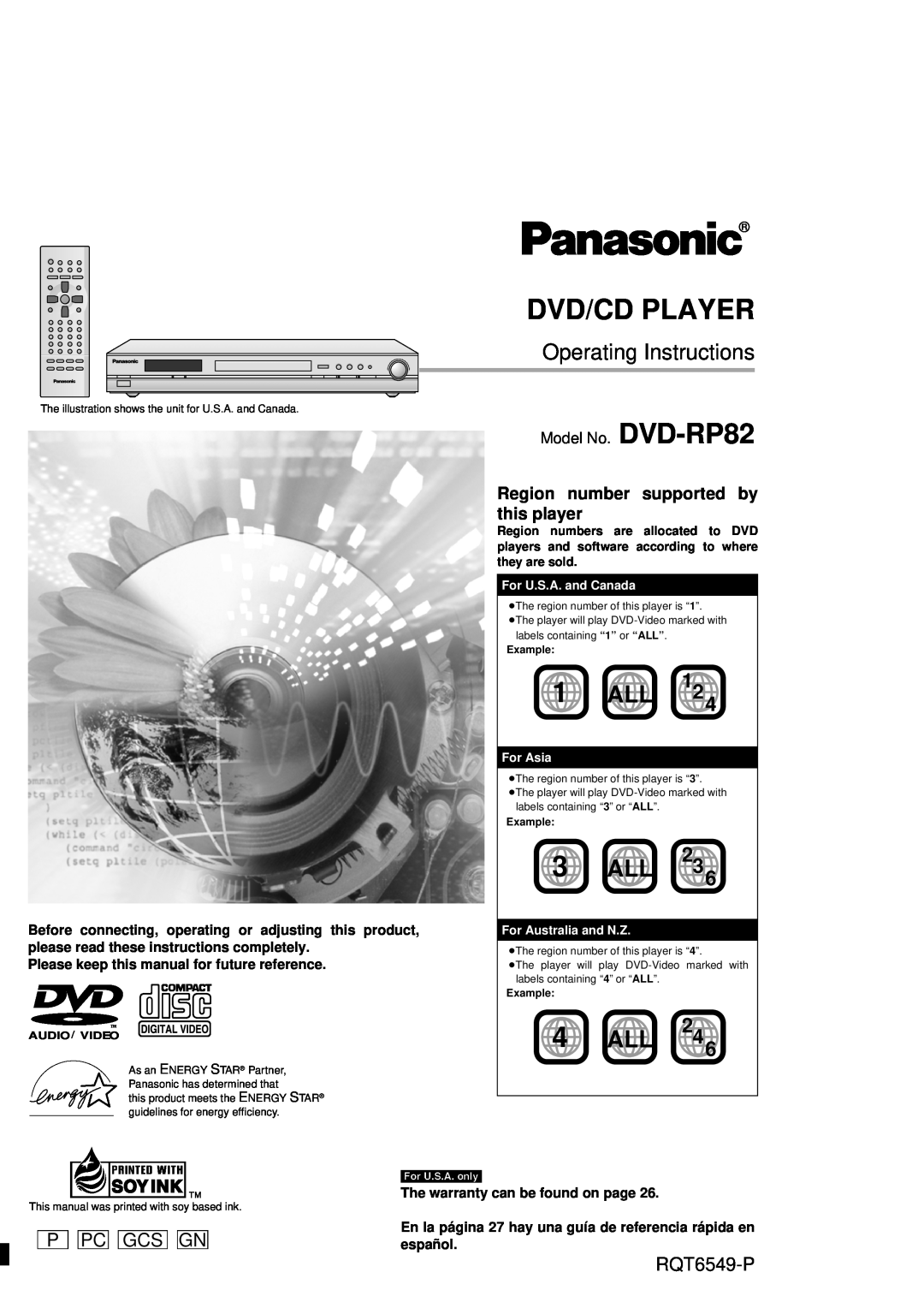 Panasonic DVD-RP82 warranty P Pc Gcs Gn, RQT6549-P, Dvd/Cd Player, 1 ALL, 3 ALL, 4 ALL, Operating Instructions, For Asia 