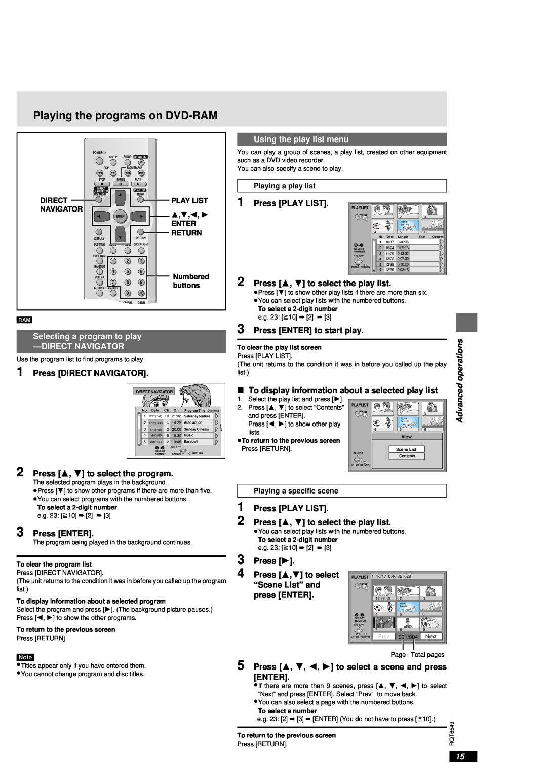 Panasonic DVD-RP82 Playing the programs on DVD-RAM, Using the play list menu, Press PLAY LIST, Press DIRECT NAVIGATOR 