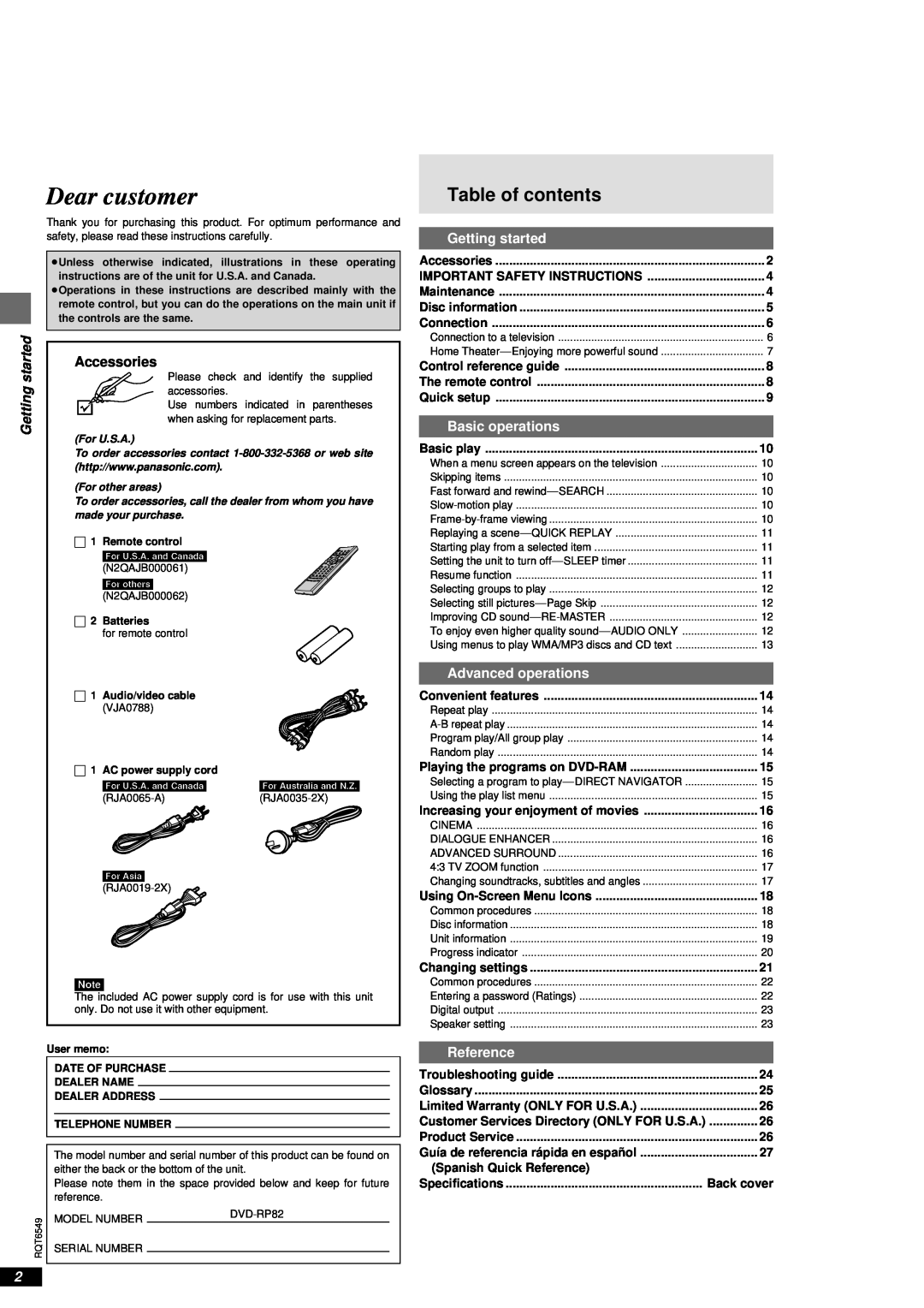 Panasonic DVD-RP82 Table of contents, Dear customer, Accessories, Getting started, Basic operations, Advanced operations 