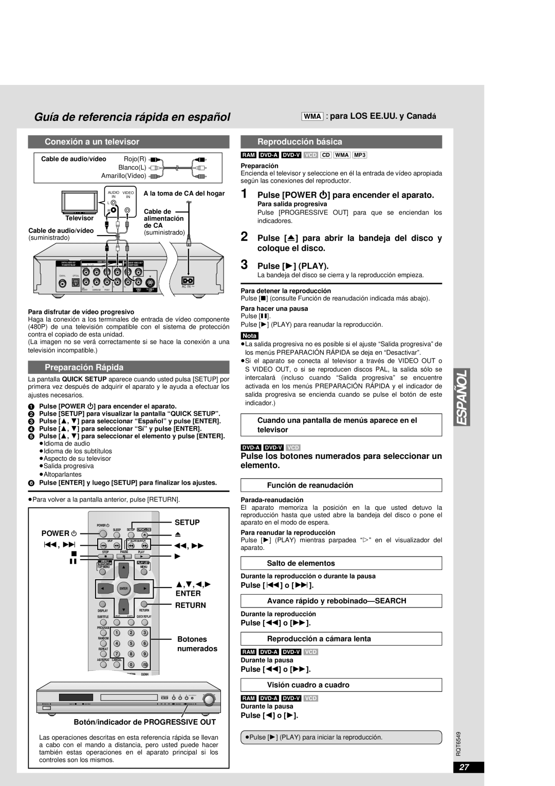 Panasonic DVD-RP82 Españ Ol, Guía de referencia rá pida en españ ol, Conexió n a un televisor, Preparació n Rá pida, Power 