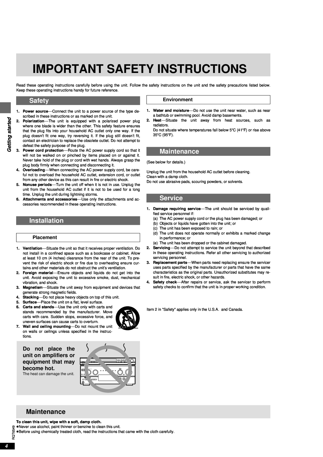 Panasonic DVD-RP82 warranty Maintenance, Important Safety Instructions, Installation, Service, Getting started, Placement 