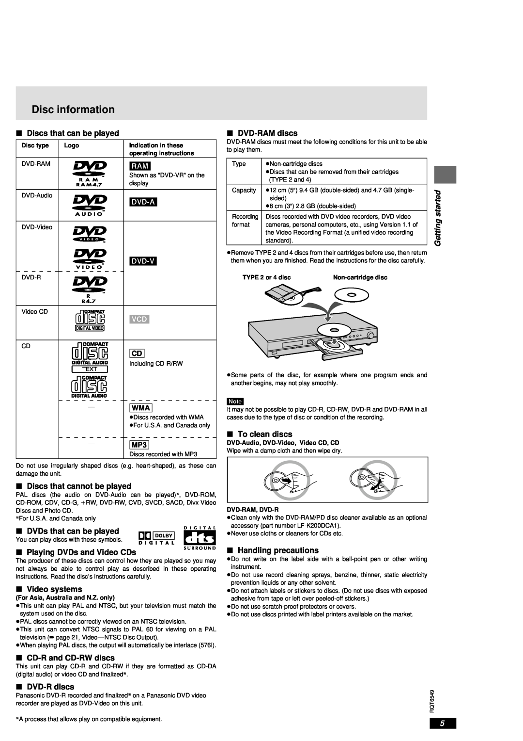 Panasonic DVD-RP82 warranty Disc information, Dvd-A, Dvd-V, ∫ Discs that can be played, ∫ Discs that cannot be played 