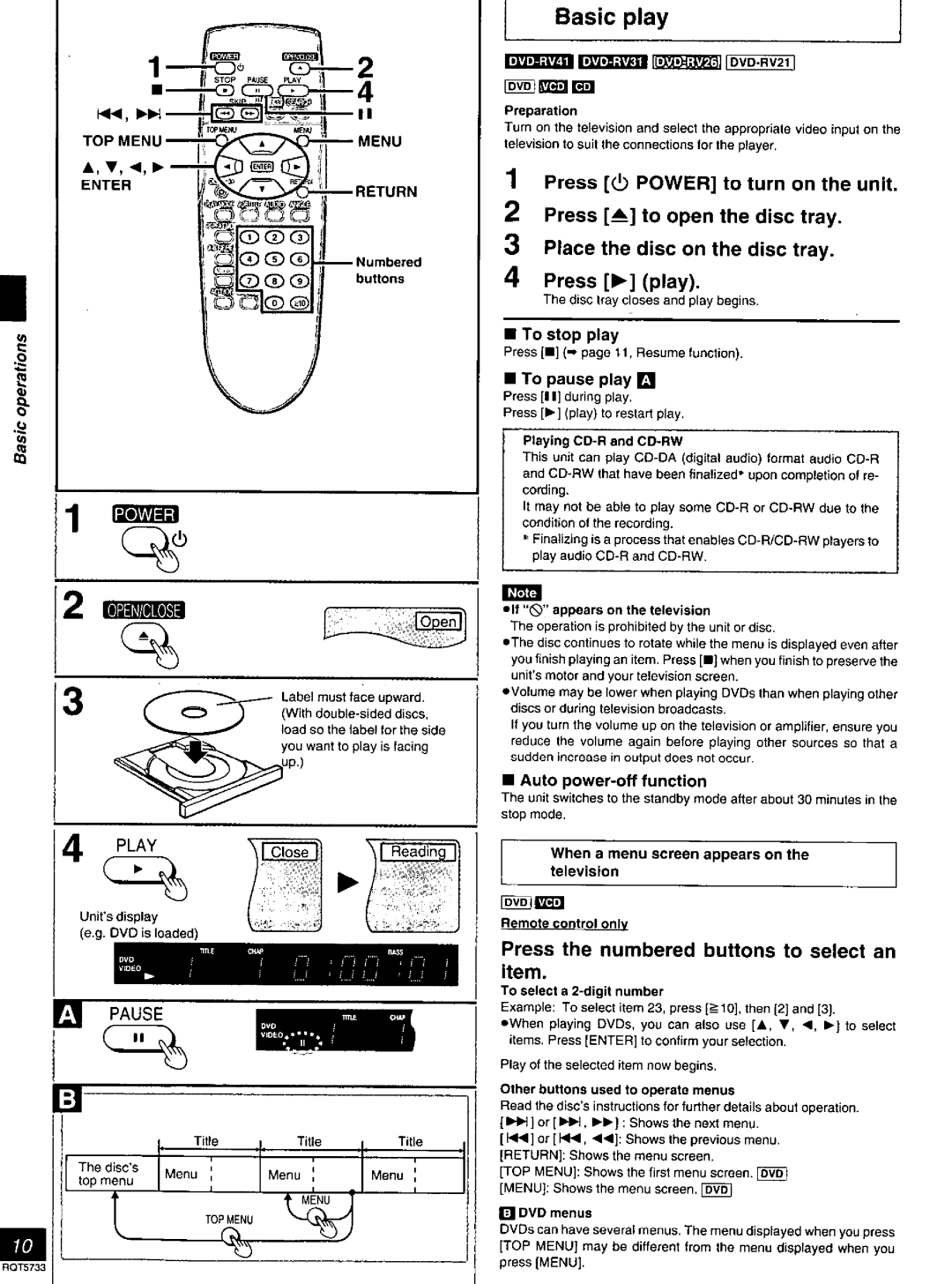 Panasonic DVD-RV21, DVD-RV26 manual Basic play, Rmntmrinwmml, Rb0rmrar=r, Press the numbered buttons to select an item 