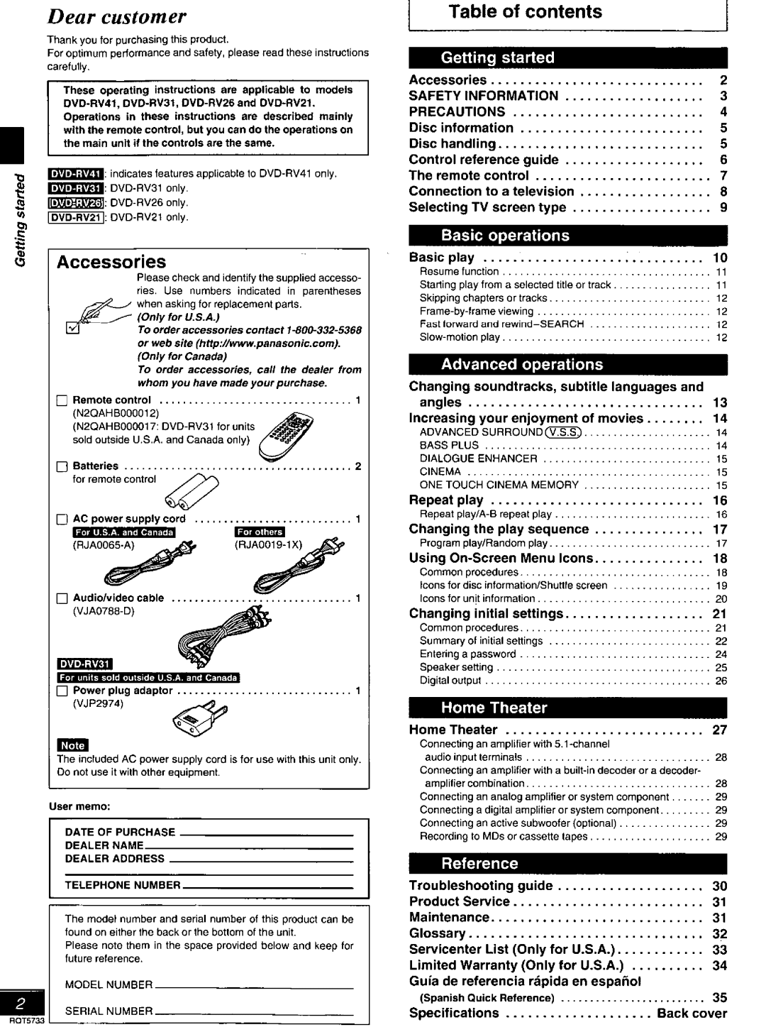 Panasonic DVD-RV21, DVD-RV26 manual Table of contents 