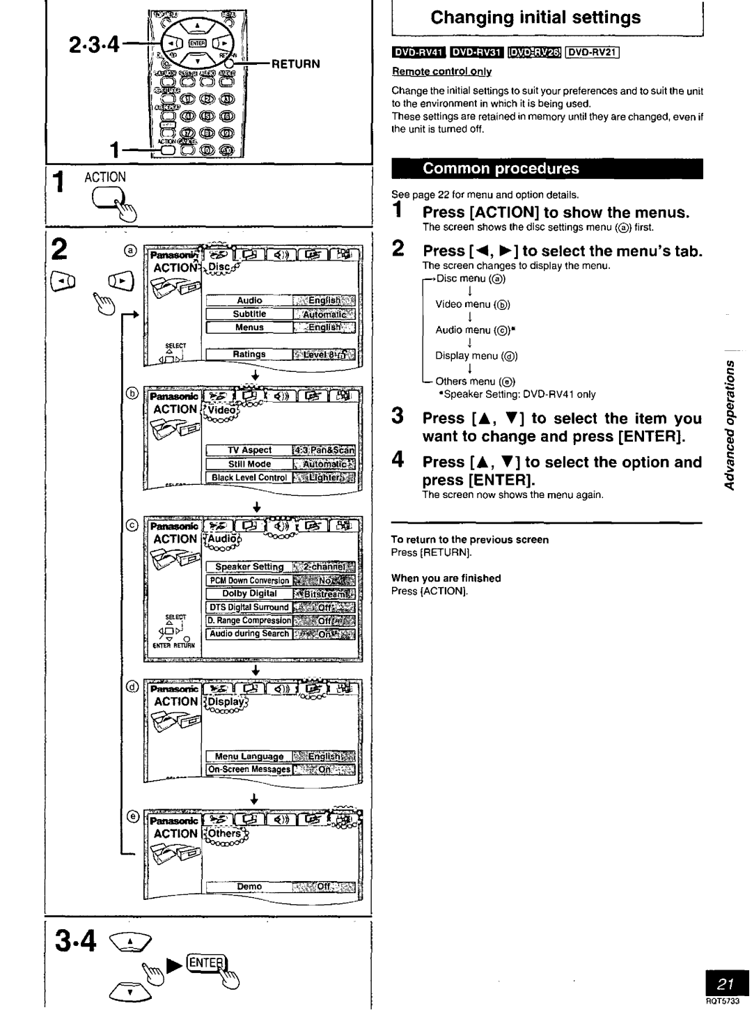 Panasonic DVD-RV26, DVD-RV21 manual Changing initial settings, Ratings I, Ffl I DVO-RV21, BikLacevelControlITI 