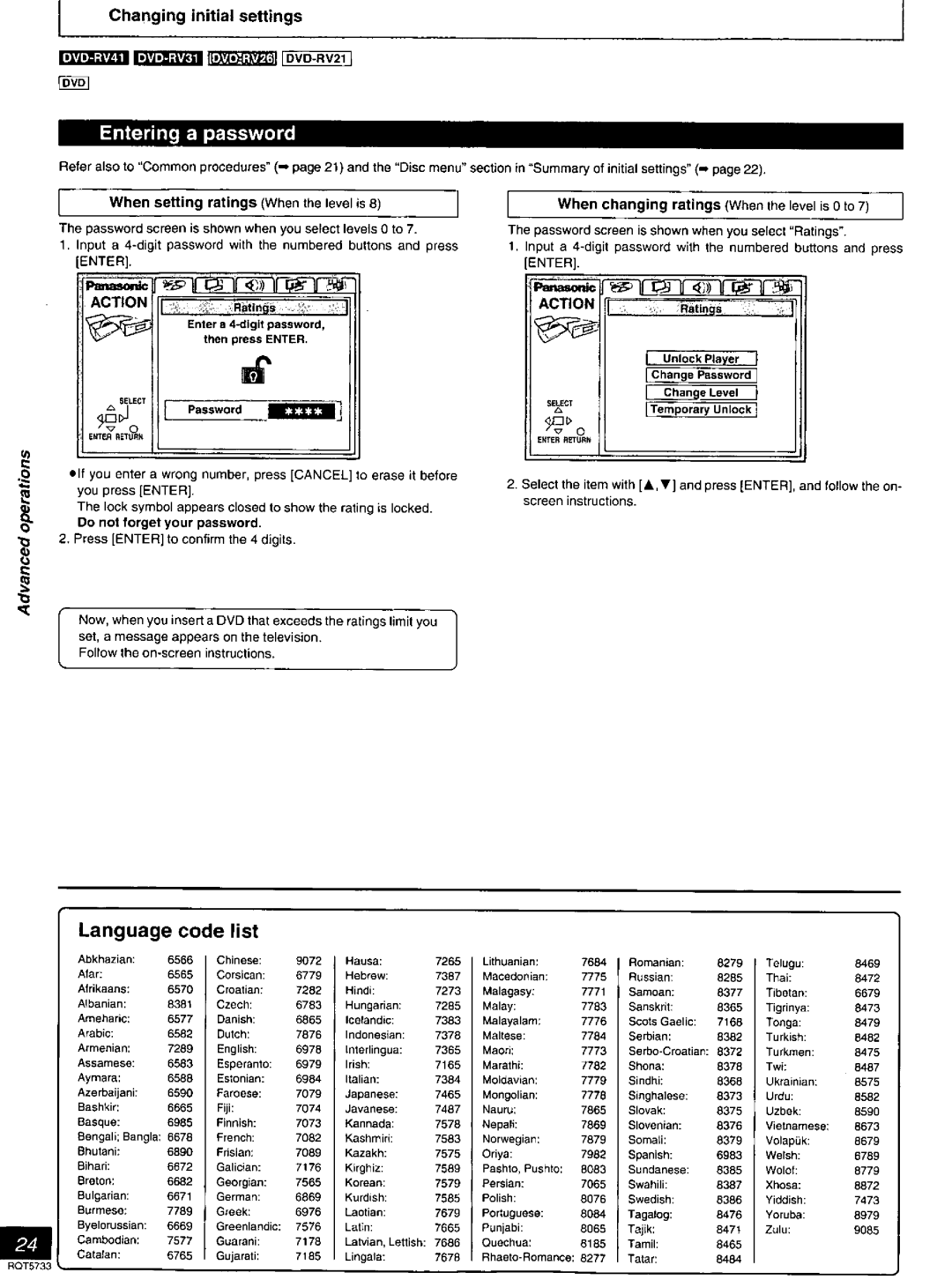 Panasonic DVD-RV21, DVD-RV26 manual Language Code list, When changing ratings When the level is Oto, Iatings 