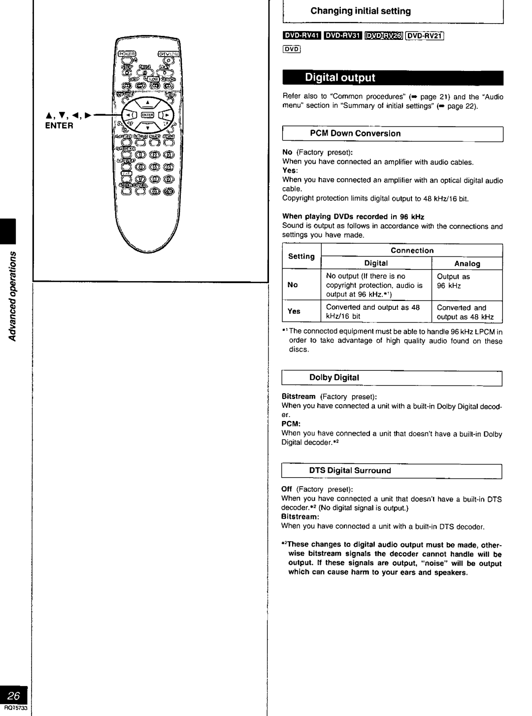 Panasonic DVD-RV21, DVD-RV26 manual Changing initial setting, PCM Down Conversion, DTS Digital Surround 