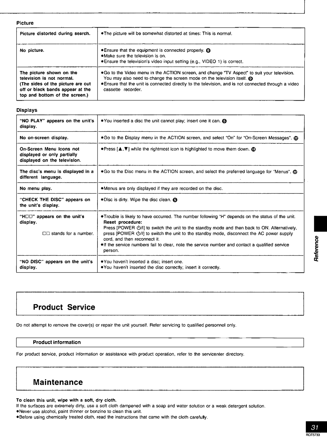 Panasonic DVD-RV26, DVD-RV21 manual Product Service, Maintenance, No Disc 