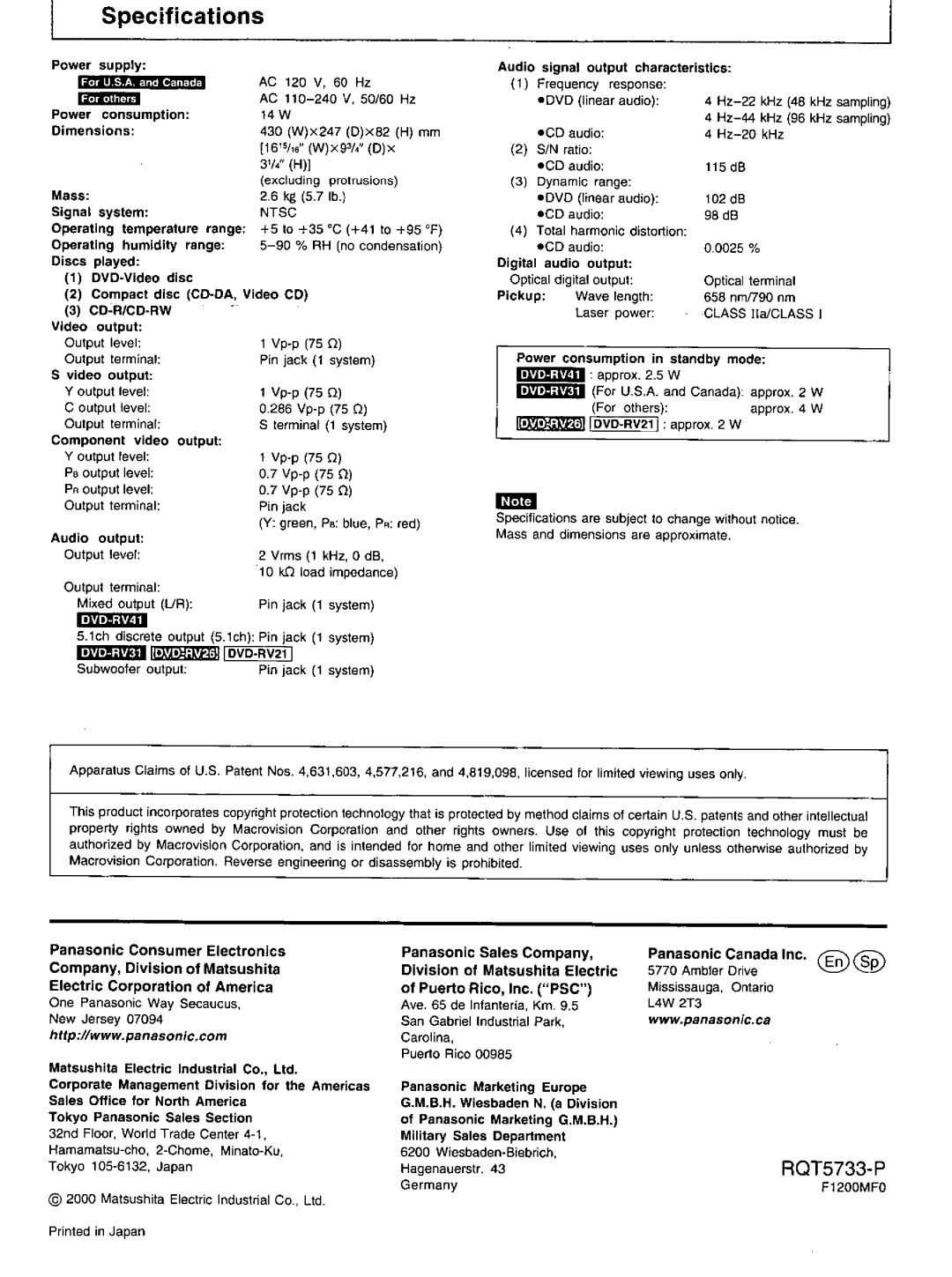 Panasonic DVD-RV21, DVD-RV26 manual Specifications 