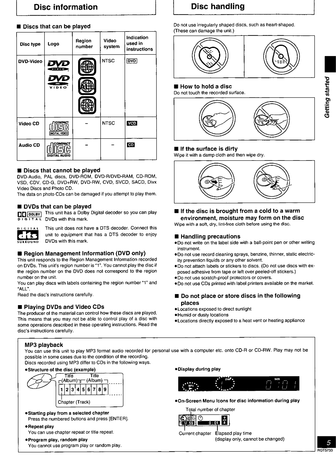 Panasonic DVD-RV26, DVD-RV21 manual Disc information Disc handling 