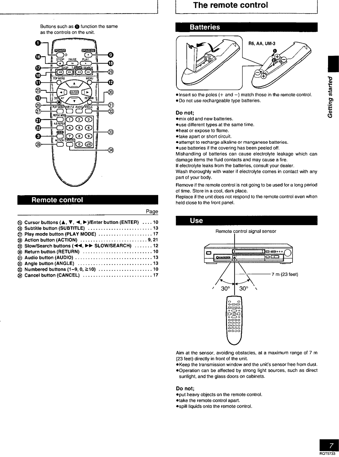 Panasonic DVD-RV26, DVD-RV21 manual Remote control 