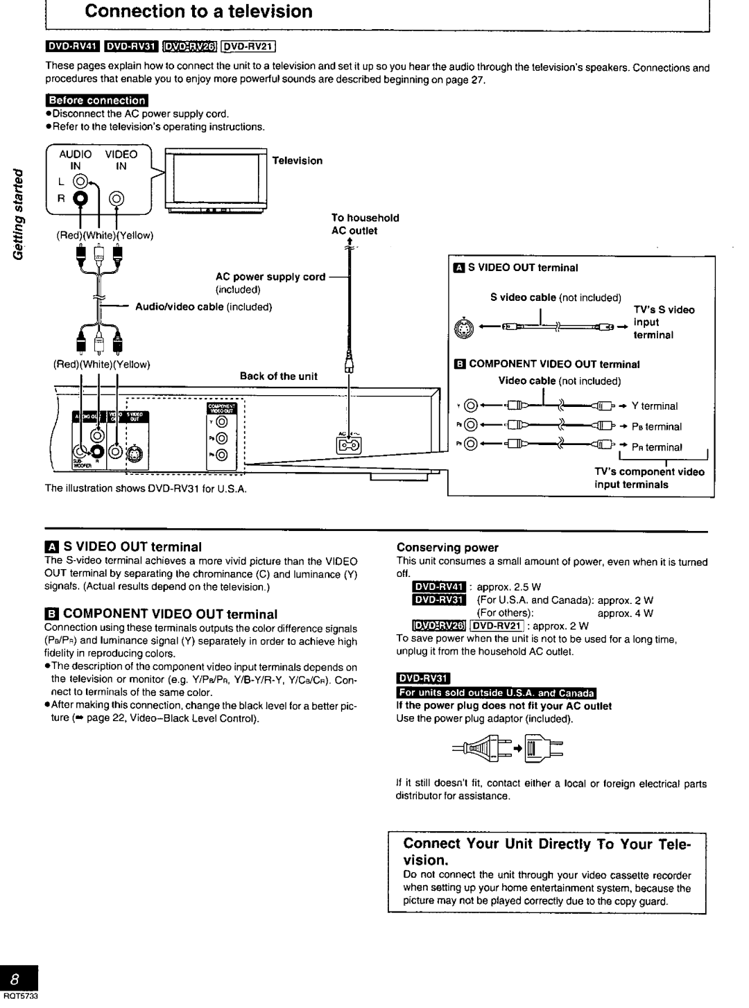 Panasonic DVD-RV21 manual Connection to a television, Video OUT terminal, Connect Your Unit Directly To Your Tele- vision 