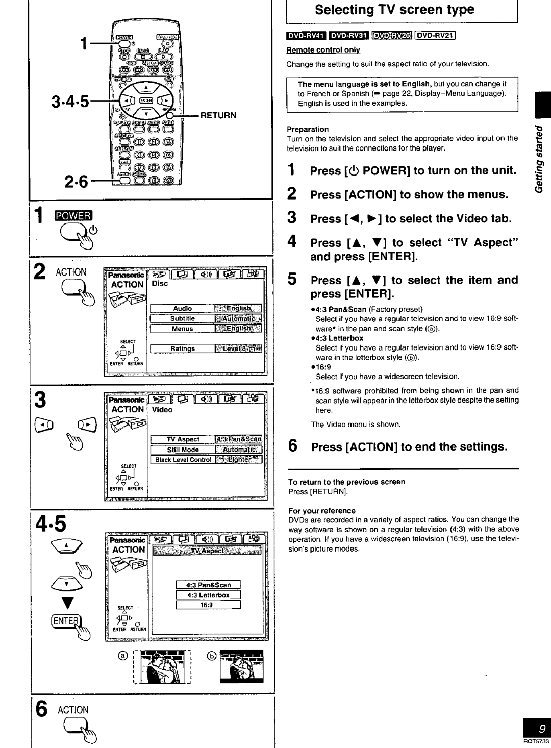 Panasonic DVD-RV26, DVD-RV21 manual Selecting TV screen type, Press Action to end the settings 