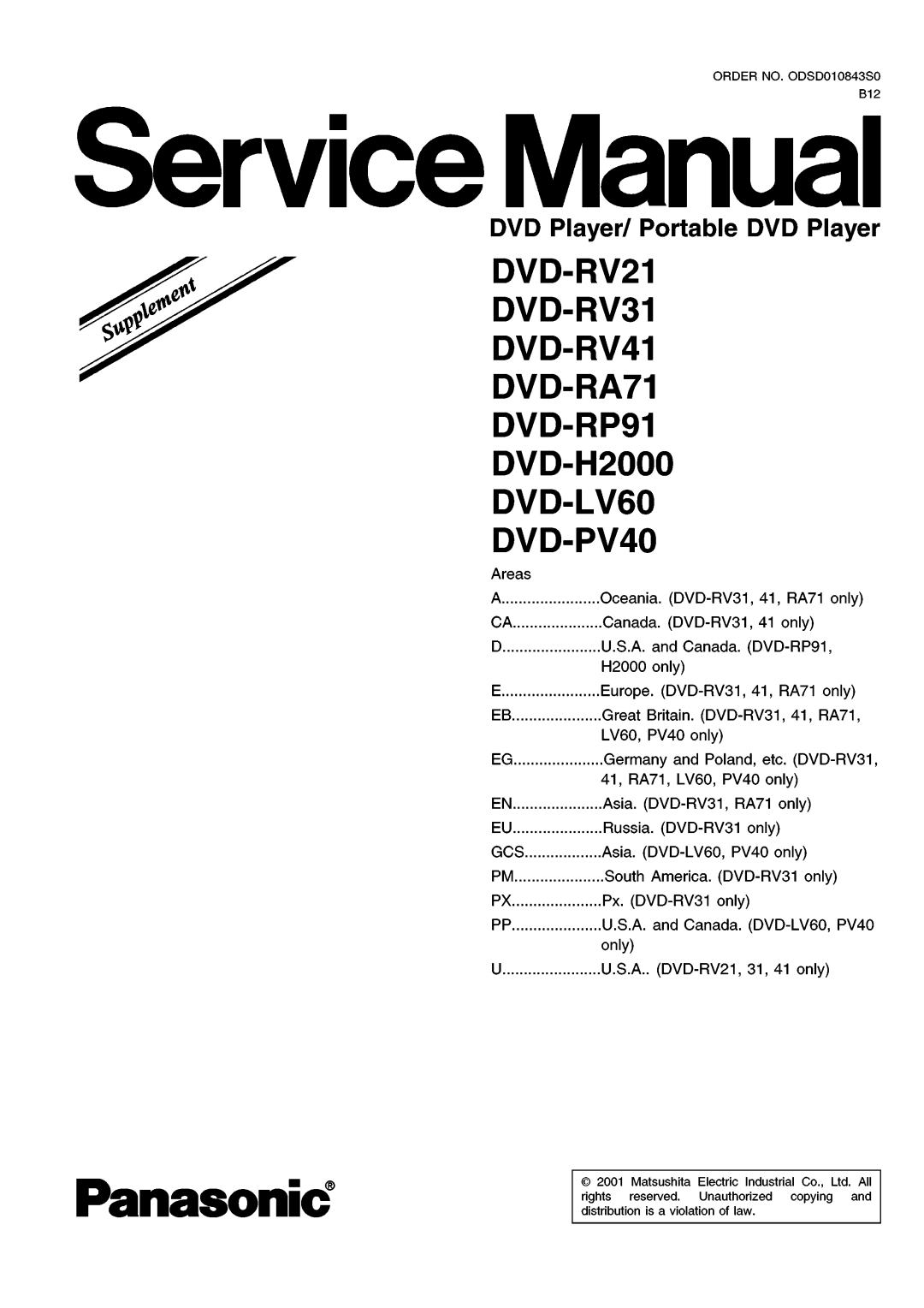 Panasonic DVD-PV40, DVD-RV31, DVD-RV41, DVD-RV21, DVD-RP91, DVD-RA71, DVD-H2000, DVD-LV60 manual 