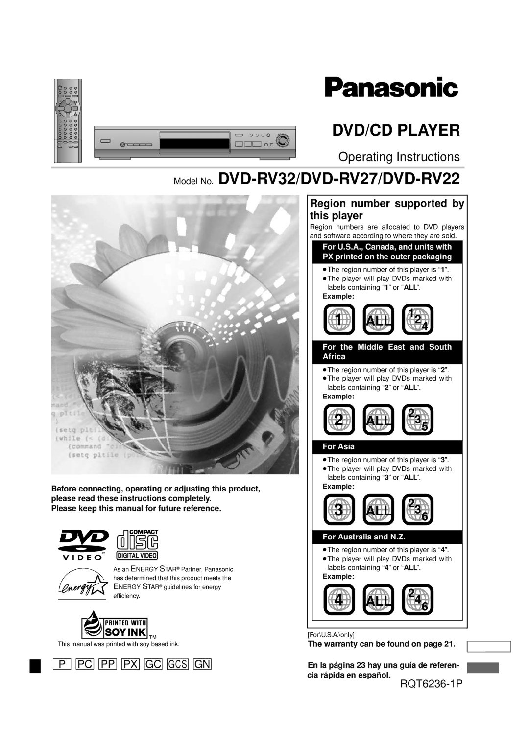 Panasonic DVD-RV22 warranty Region number supported by this player, For the Middle East and South, Africa, For Asia 