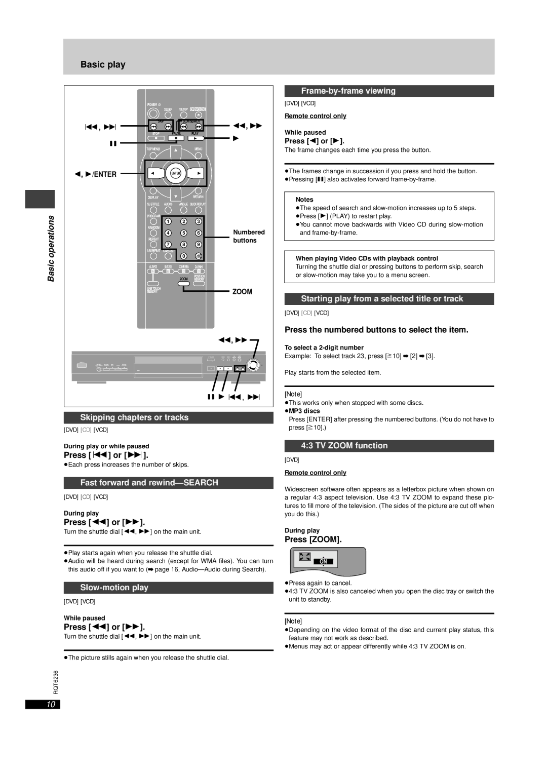 Panasonic DVD-RV22 Skipping chapters or tracks, Frame-by-frame viewing, Starting play from a selected title or track 