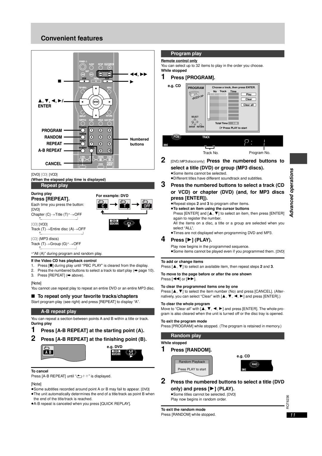 Panasonic DVD-RV27, DVD-RV32, DVD-RV22 warranty Convenient features, Program play, Repeat play, Random play 