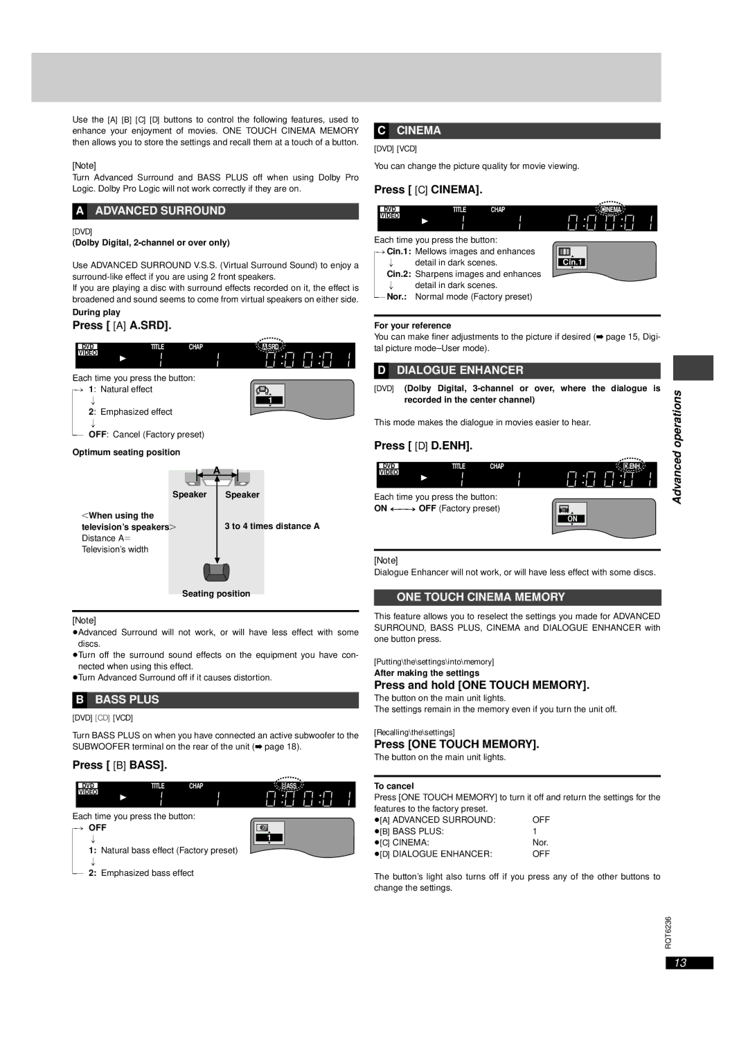 Panasonic DVD-RV22, DVD-RV32 Press a A.SRD, Press B Bass, Press C Cinema, Press D D.ENH, Press and hold ONE Touch Memory 