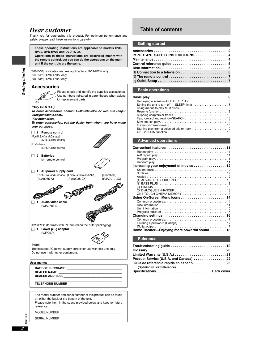 Panasonic DVD-RV27, DVD-RV32, DVD-RV22 warranty Dear customer, Table of contents 