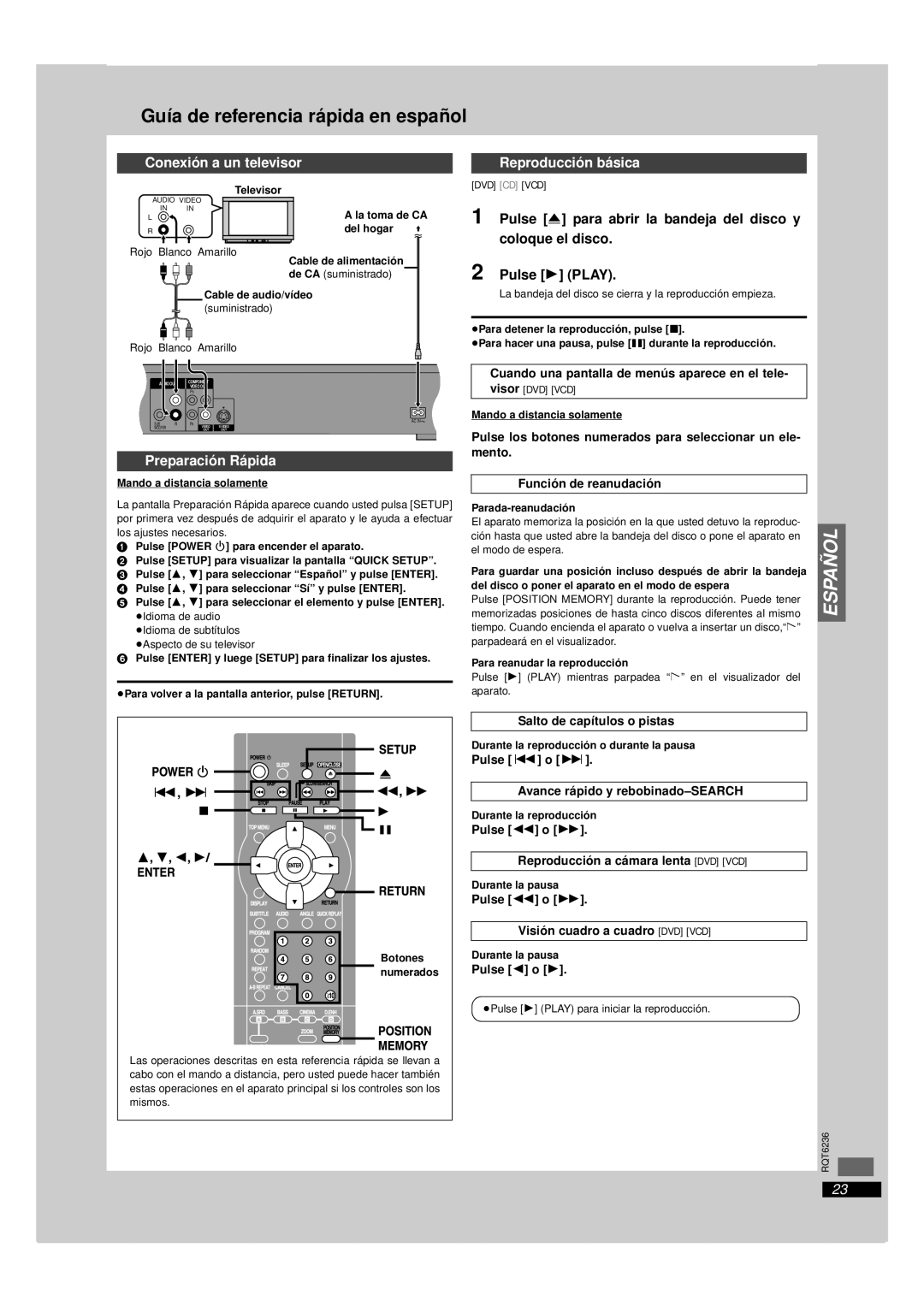 Panasonic DVD-RV27, DVD-RV32 warranty Guía de referencia rá pida en españ ol, Conexió n a un televisor Reproducció n bá sica 