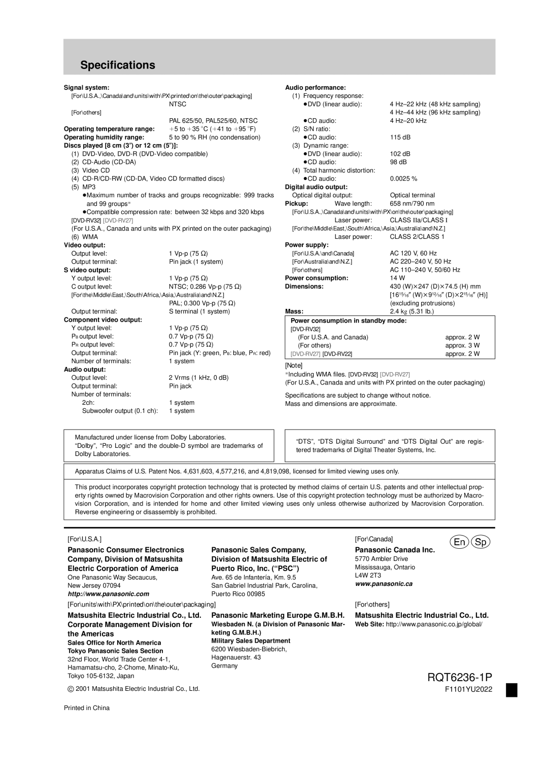 Panasonic DVD-RV32 Specifications, Electric Corporation of America Puerto Rico, Inc. PSC, Americas, Panasonic Canada Inc 