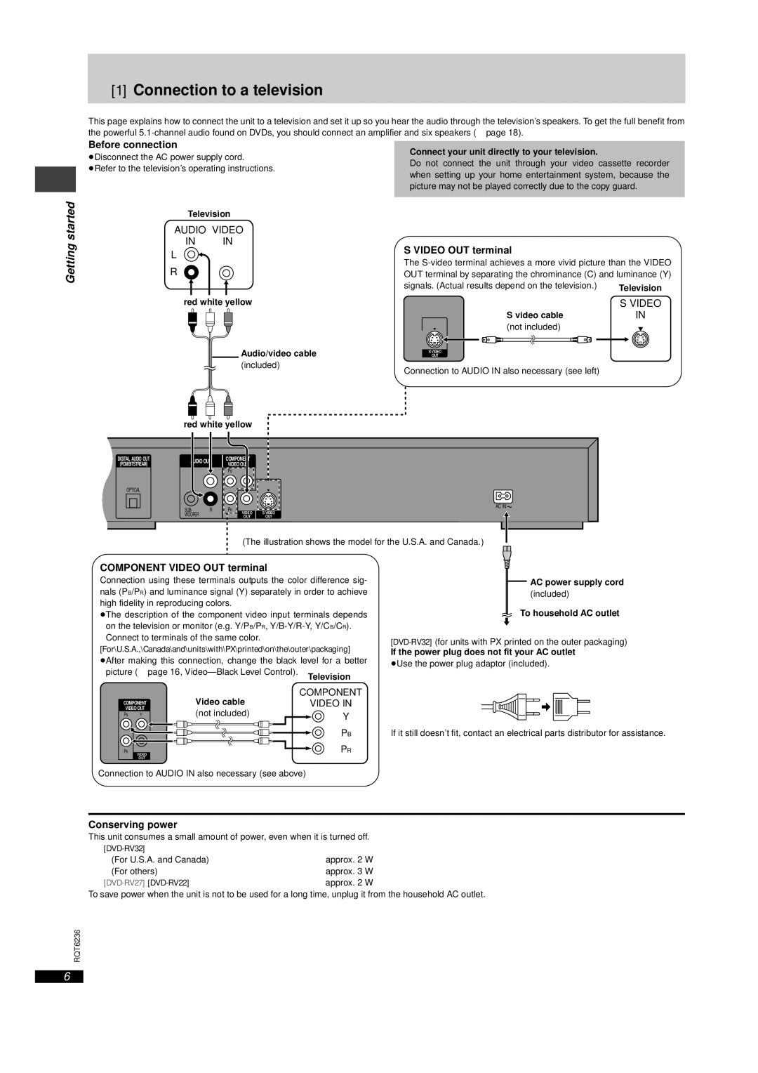 Panasonic DVD-RV32 Connection to a television, Before connection, Component Video OUT terminal, Conserving power 