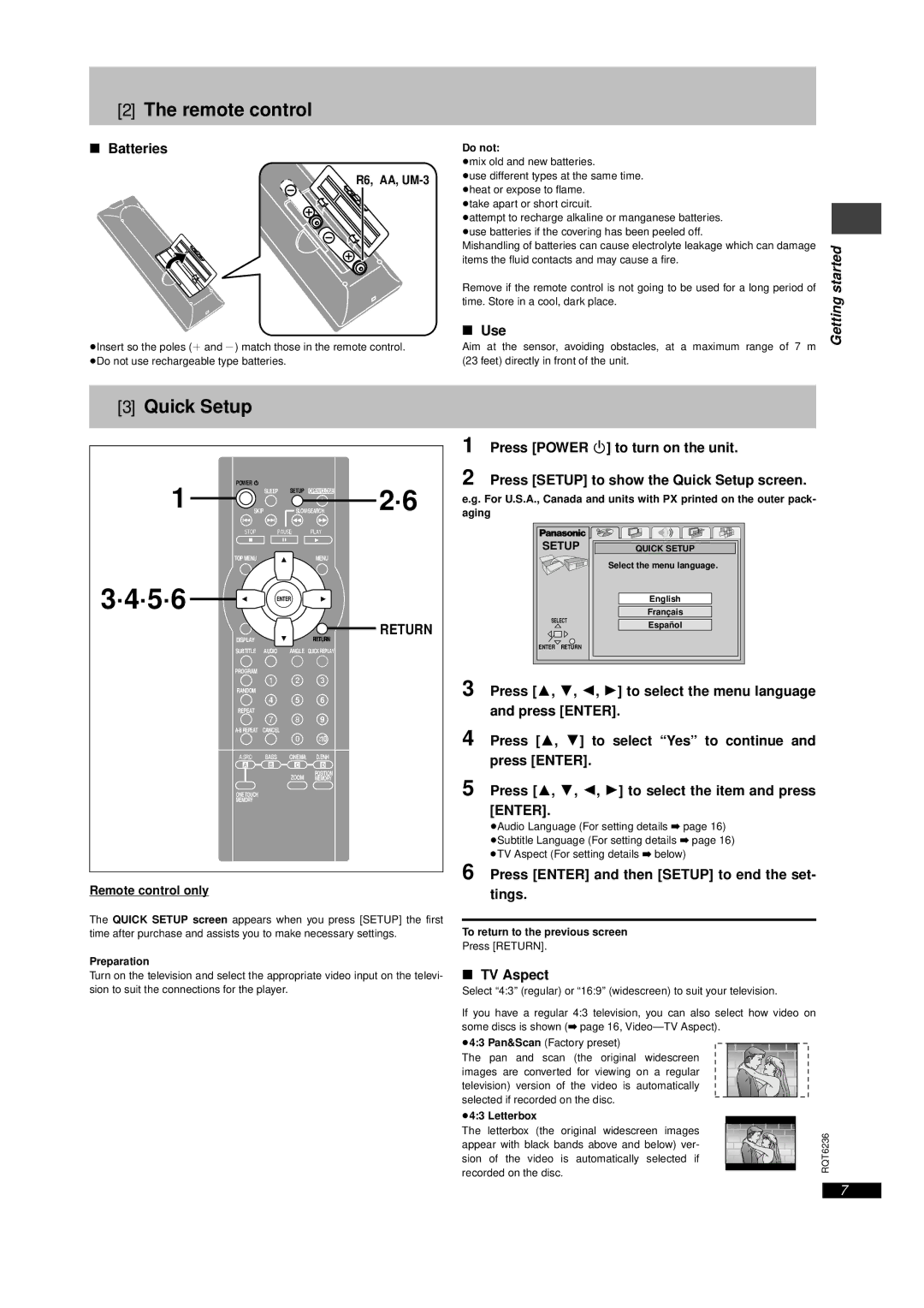 Panasonic DVD-RV22, DVD-RV32, DVD-RV27 warranty Remote control, Quick Setup 