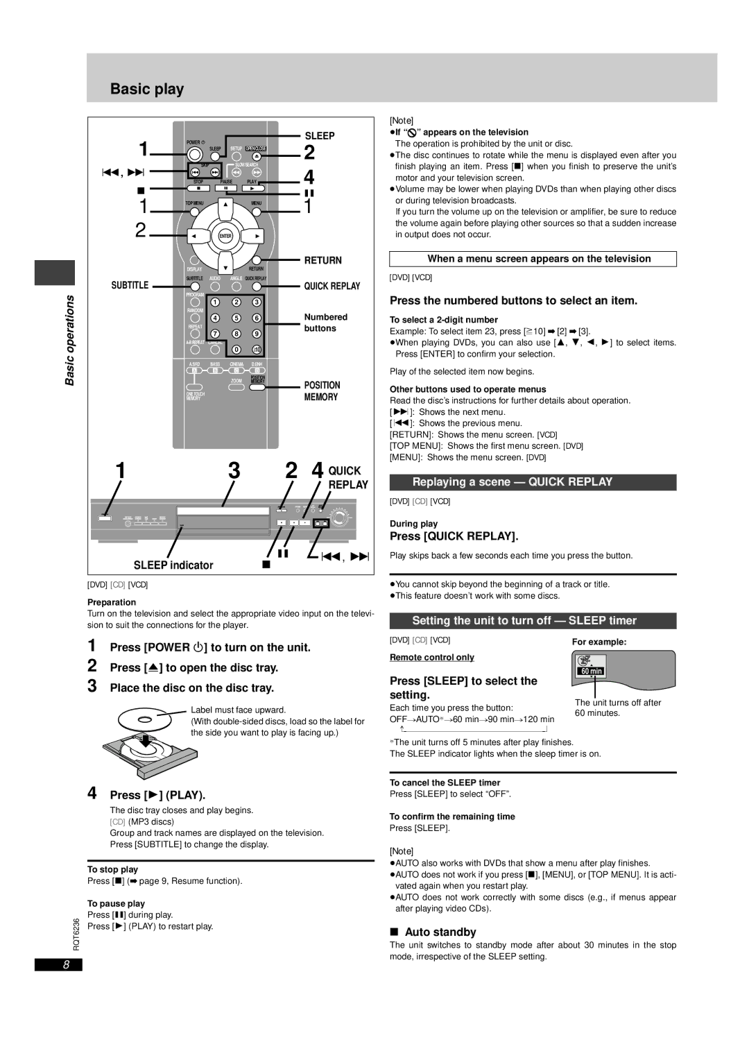 Panasonic DVD-RV27 Basic play, Sleep indicator, Replaying a scene Quick Replay, Setting the unit to turn off Sleep timer 