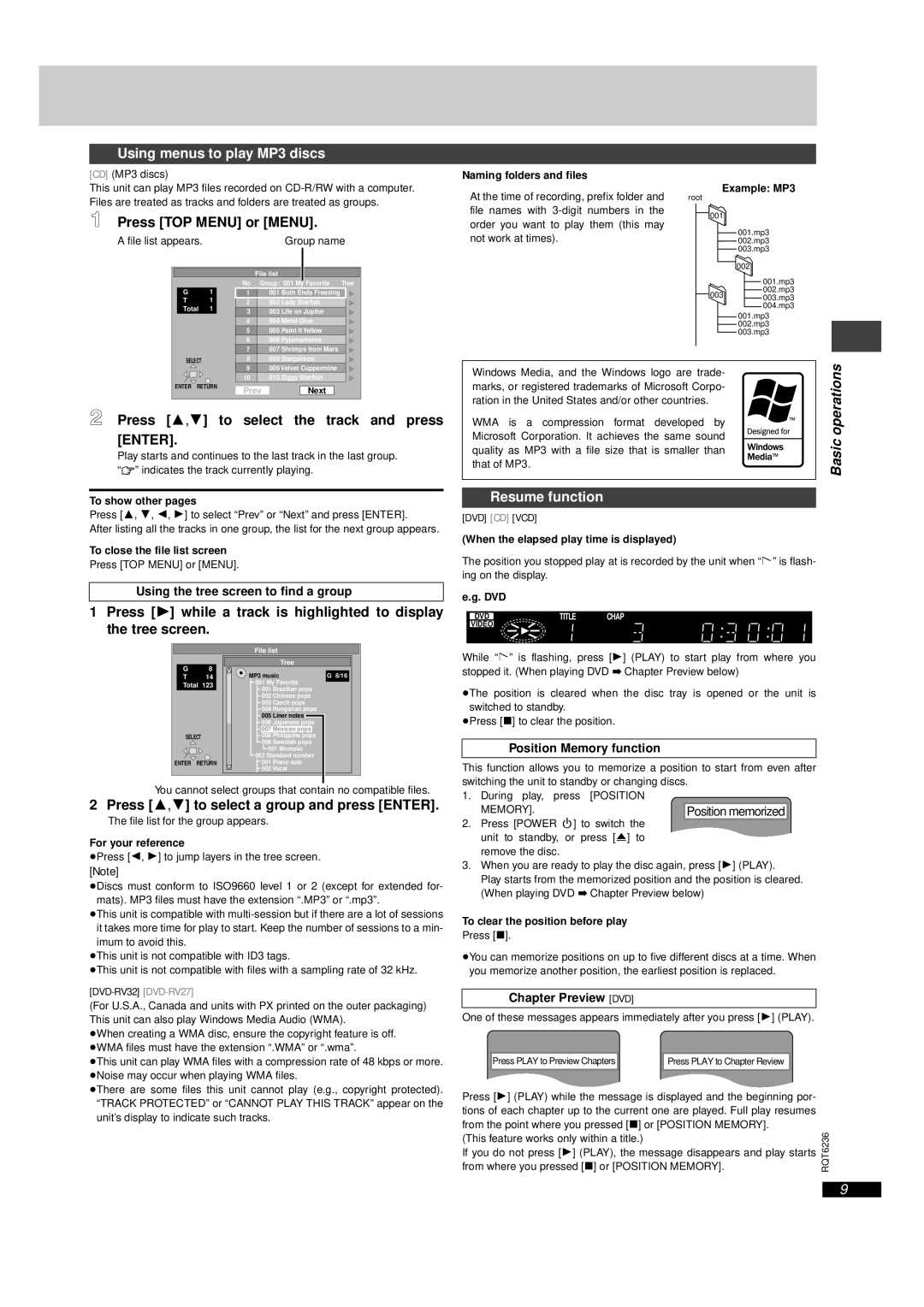 Panasonic DVD-RV32 warranty Using menus to play MP3 discs, Press TOP Menu or Menu, Press 3,4 to select the track and press 