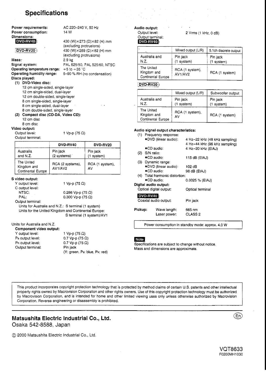 Panasonic DVD-RV40 manual 