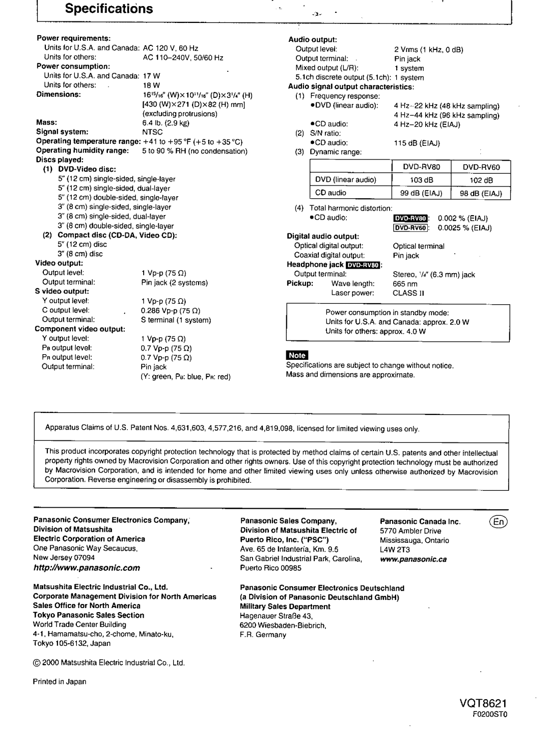 Panasonic DVD-RV80 manual 