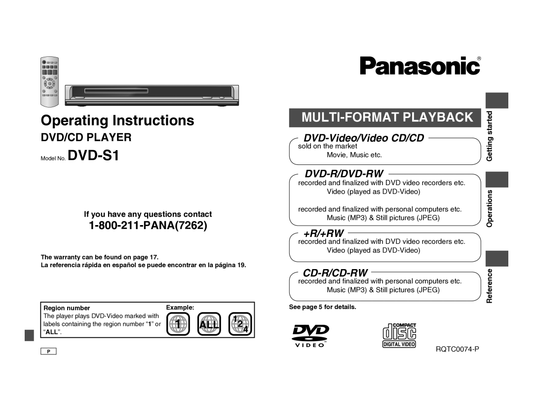 Panasonic DVD-S1 warranty If you have any questions contact, Started, Getting, Operations, Reference 