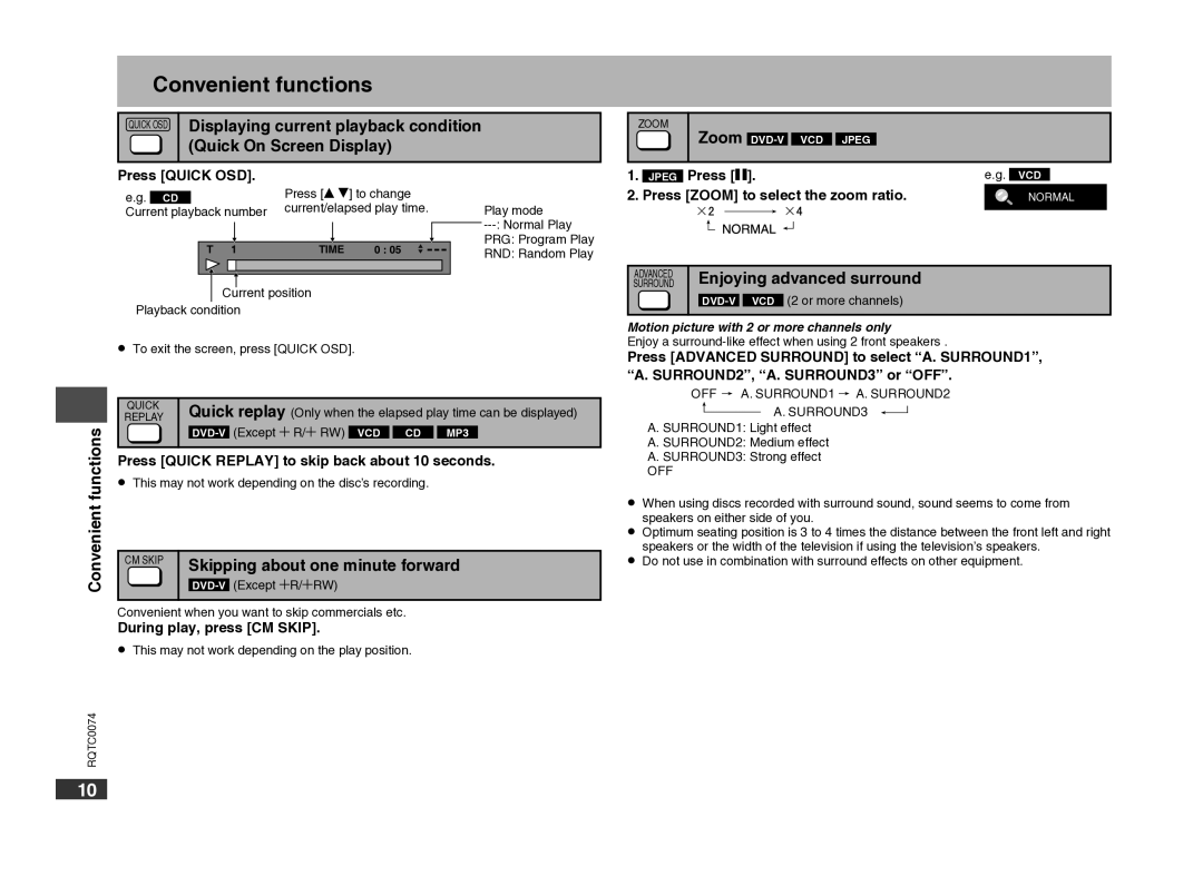 Panasonic DVD-S1 warranty Convenient functions, Enjoying advanced surround, Skipping about one minute forward 