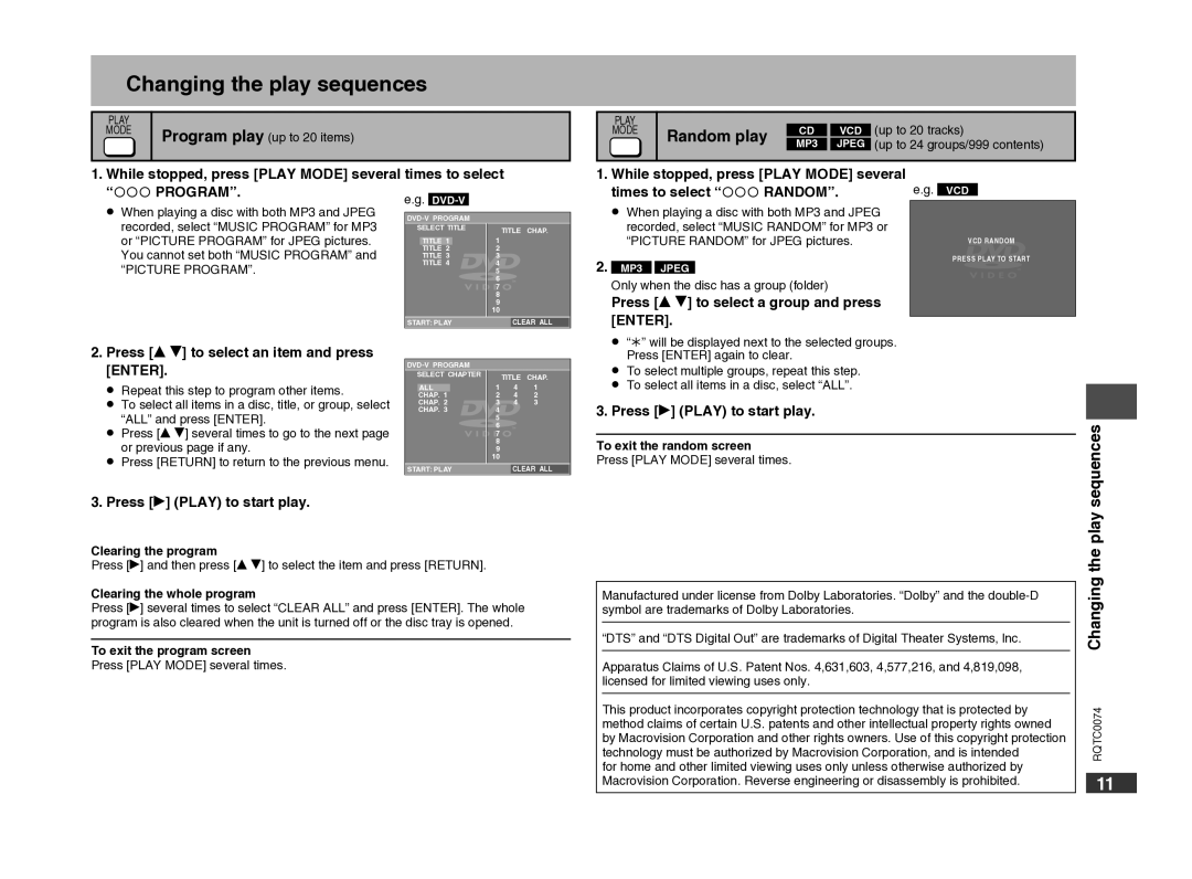 Panasonic DVD-S1 warranty Changing the play sequences, Sequences, RQTC0074Changing the play 