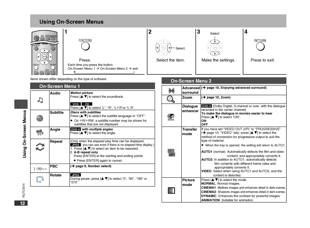 Panasonic DVD-S1 warranty Using On-Screen Menus 