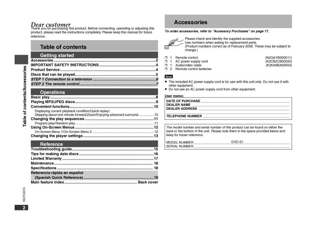 Panasonic DVD-S1 warranty Table of contents, Accessories 