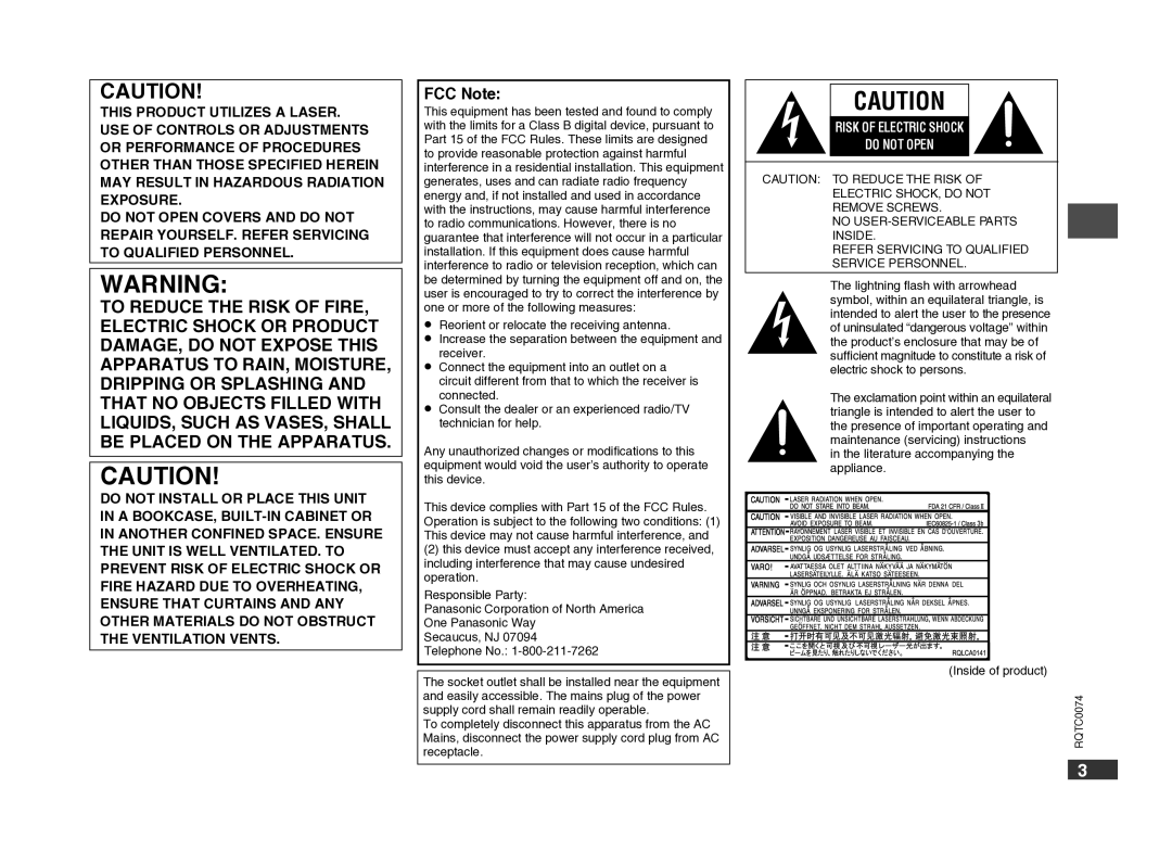 Panasonic DVD-S1 warranty FCC Note, Risk of Electric Shock Do not Open 