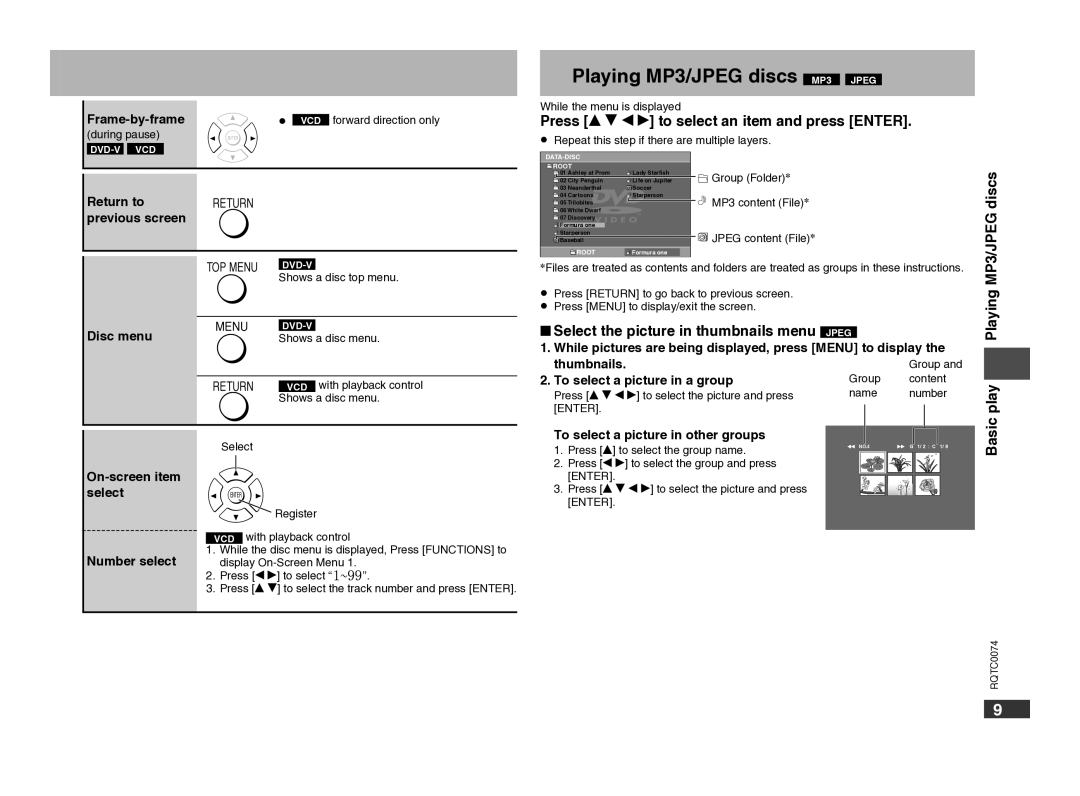 Panasonic DVD-S1 warranty Playing MP3/JPEG discs MP3 Jpeg, Press E R W Q to select an item and press Enter 