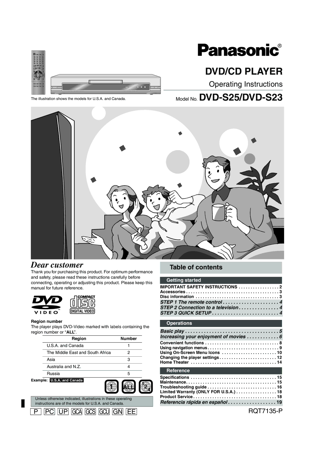 Panasonic DVD-S25, DVD-S23 important safety instructions Dear customer, Table of contents 