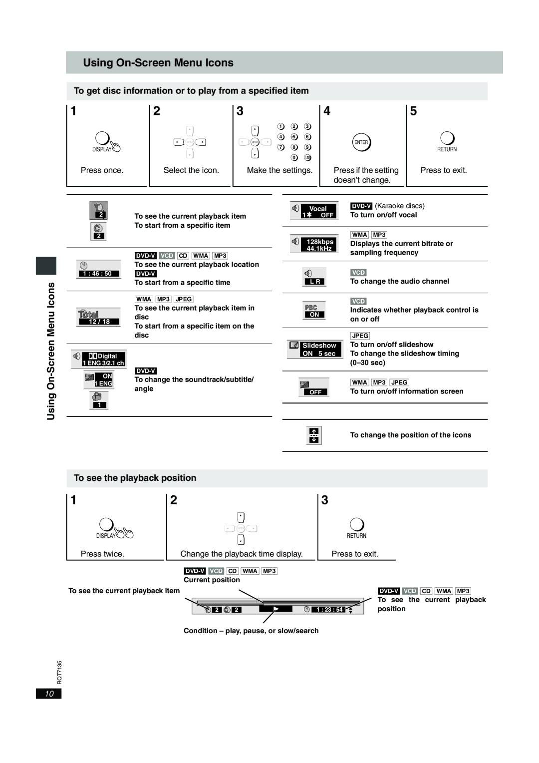 Panasonic DVD-S23, DVD-S25 Using On-Screen Menu Icons, To get disc information or to play from a specified item 