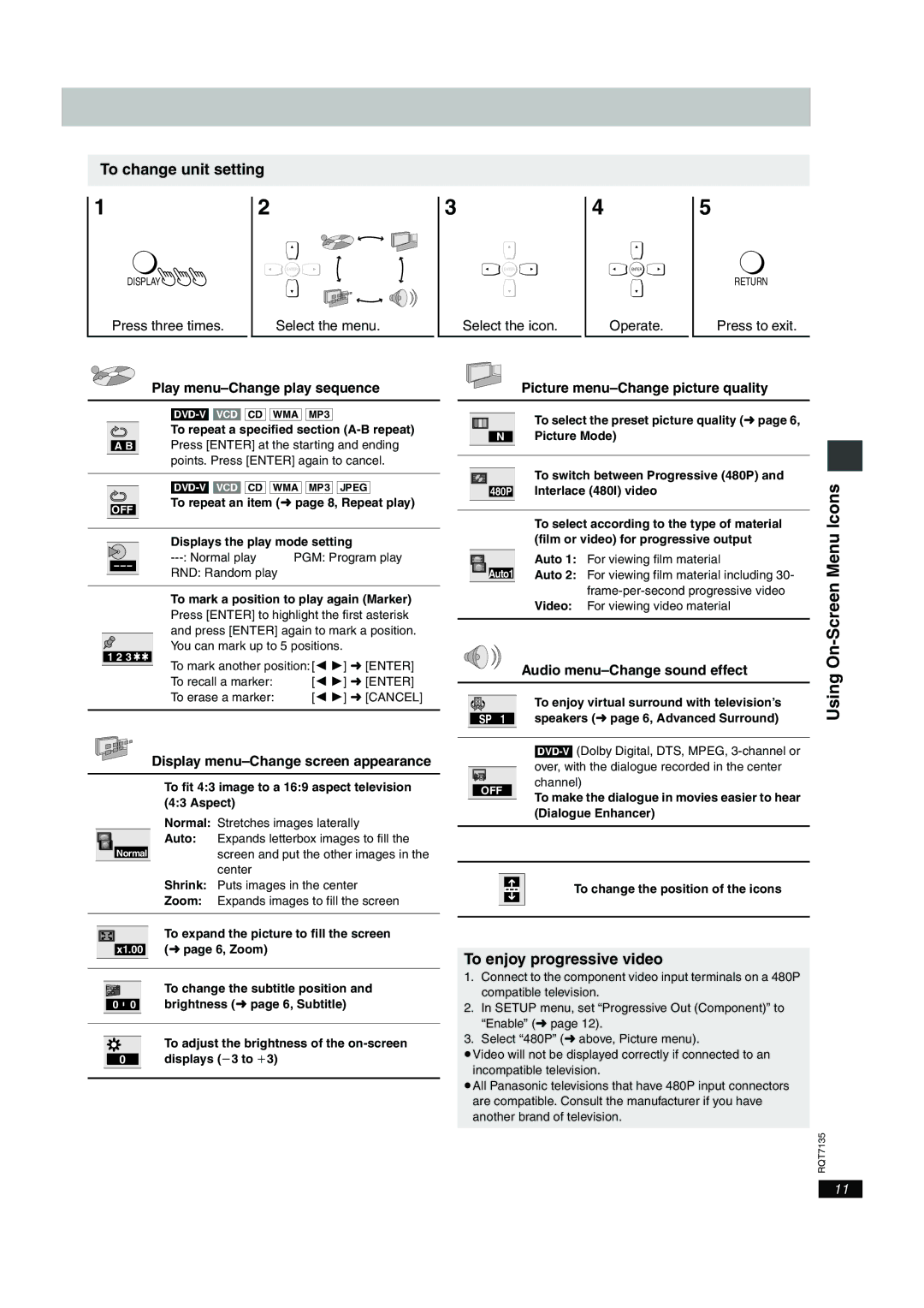 Panasonic DVD-S25, DVD-S23 Screen Menu Icons, To change unit setting, Using On, To enjoy progressive video 