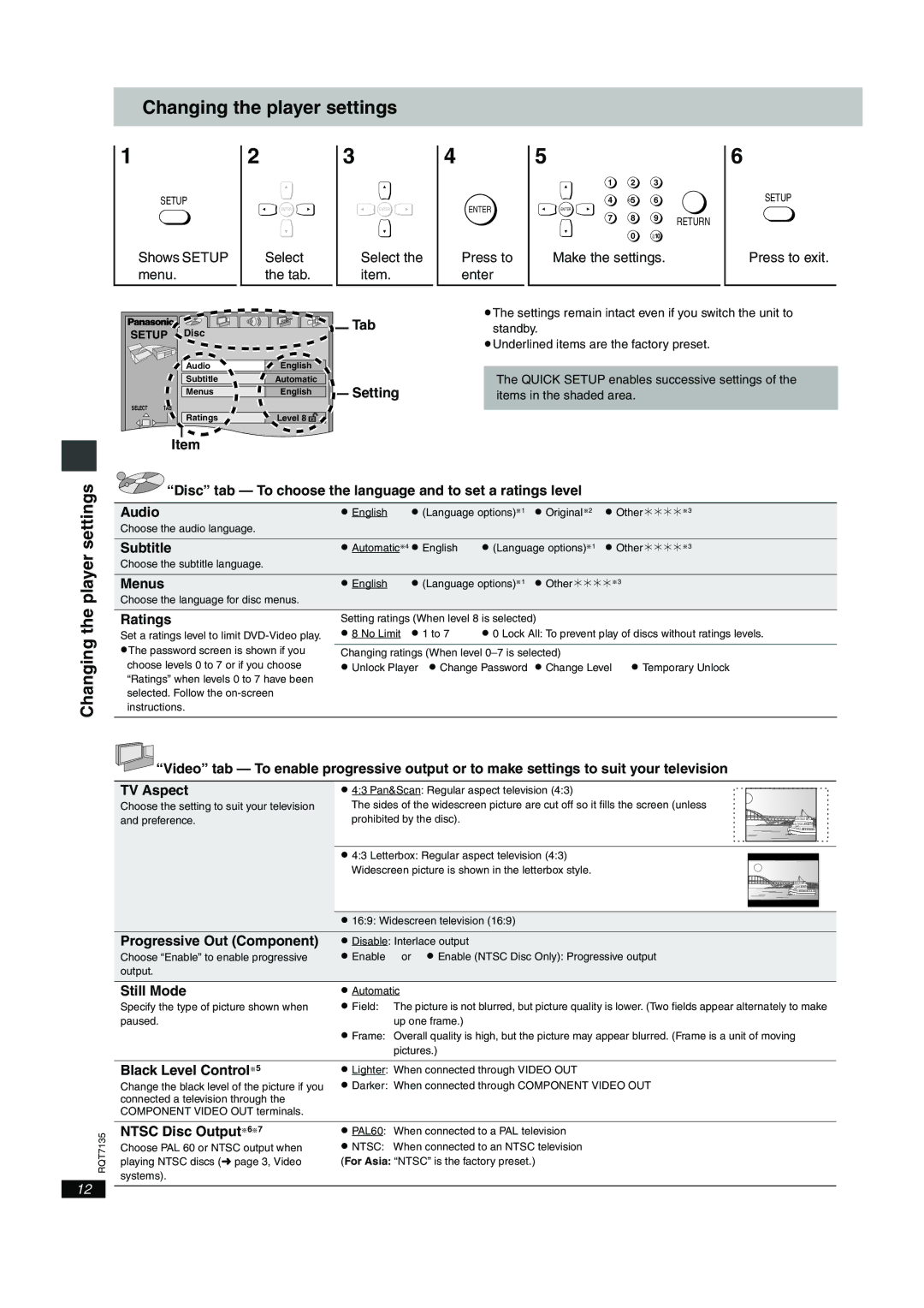 Panasonic DVD-S23, DVD-S25 important safety instructions Changing the player settings 