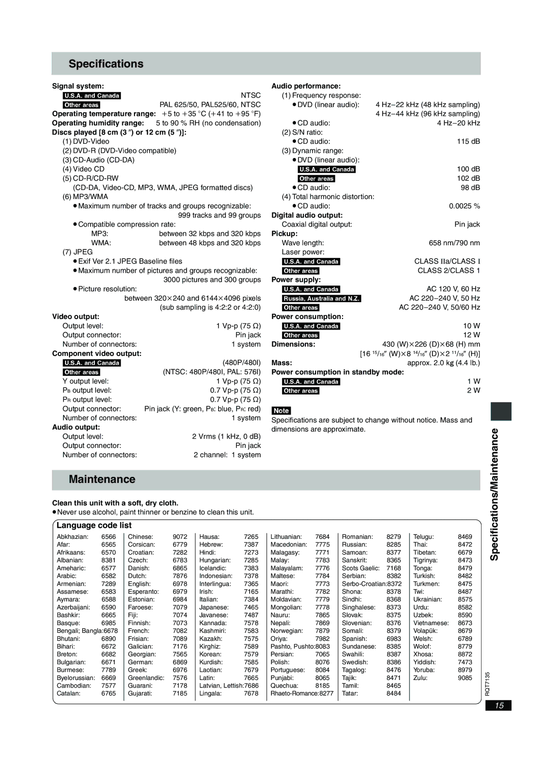 Panasonic DVD-S25, DVD-S23 important safety instructions Language code list, Specifications/Maintenance 