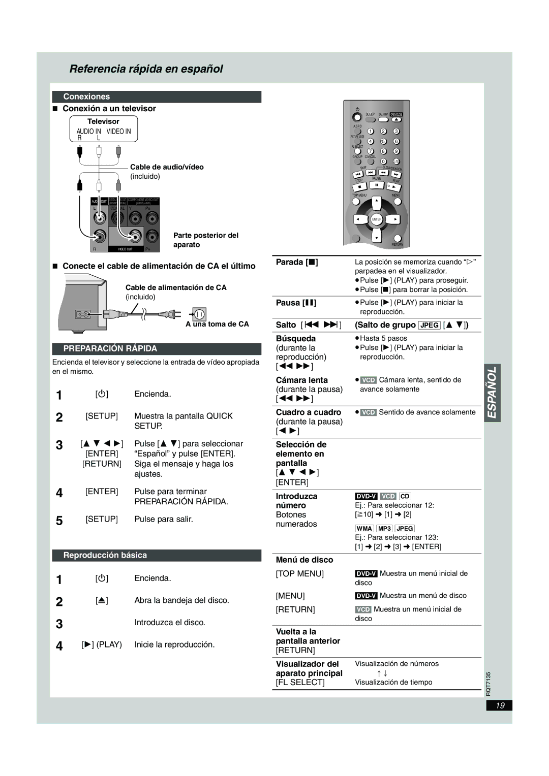 Panasonic DVD-S25 Conexión a un televisor, Conecte el cable de alimentación de CA el último, Parada, Pausa, Cámara lenta 