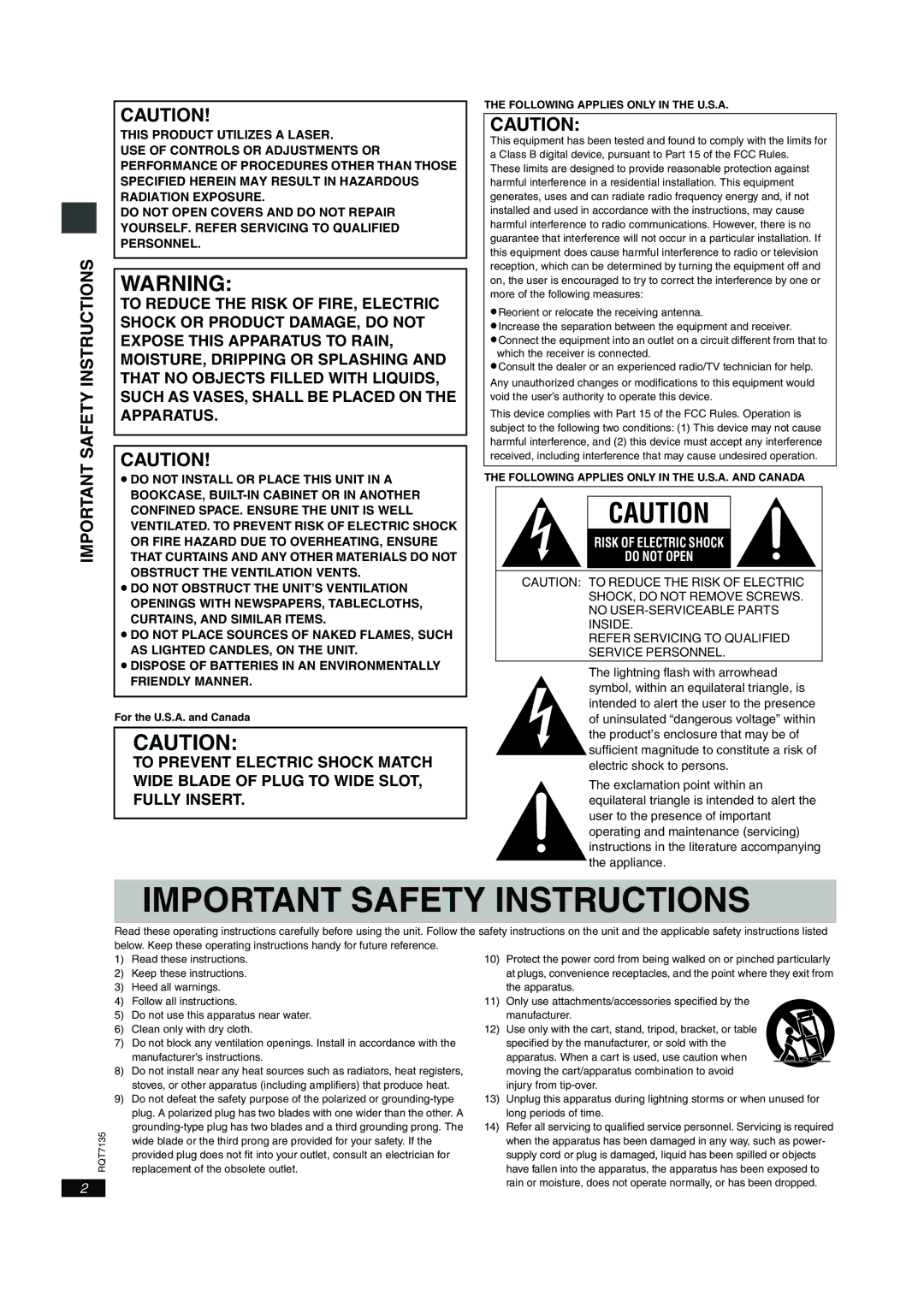 Panasonic DVD-S23, DVD-S25 important safety instructions Important Safety Instructions, Following Applies only in the U.S.A 