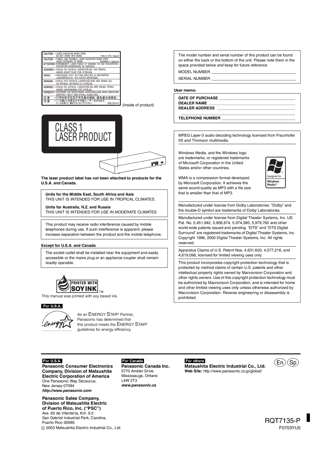 Panasonic DVD-S23, DVD-S25 important safety instructions Class Laser Product, Electric Corporation of America 