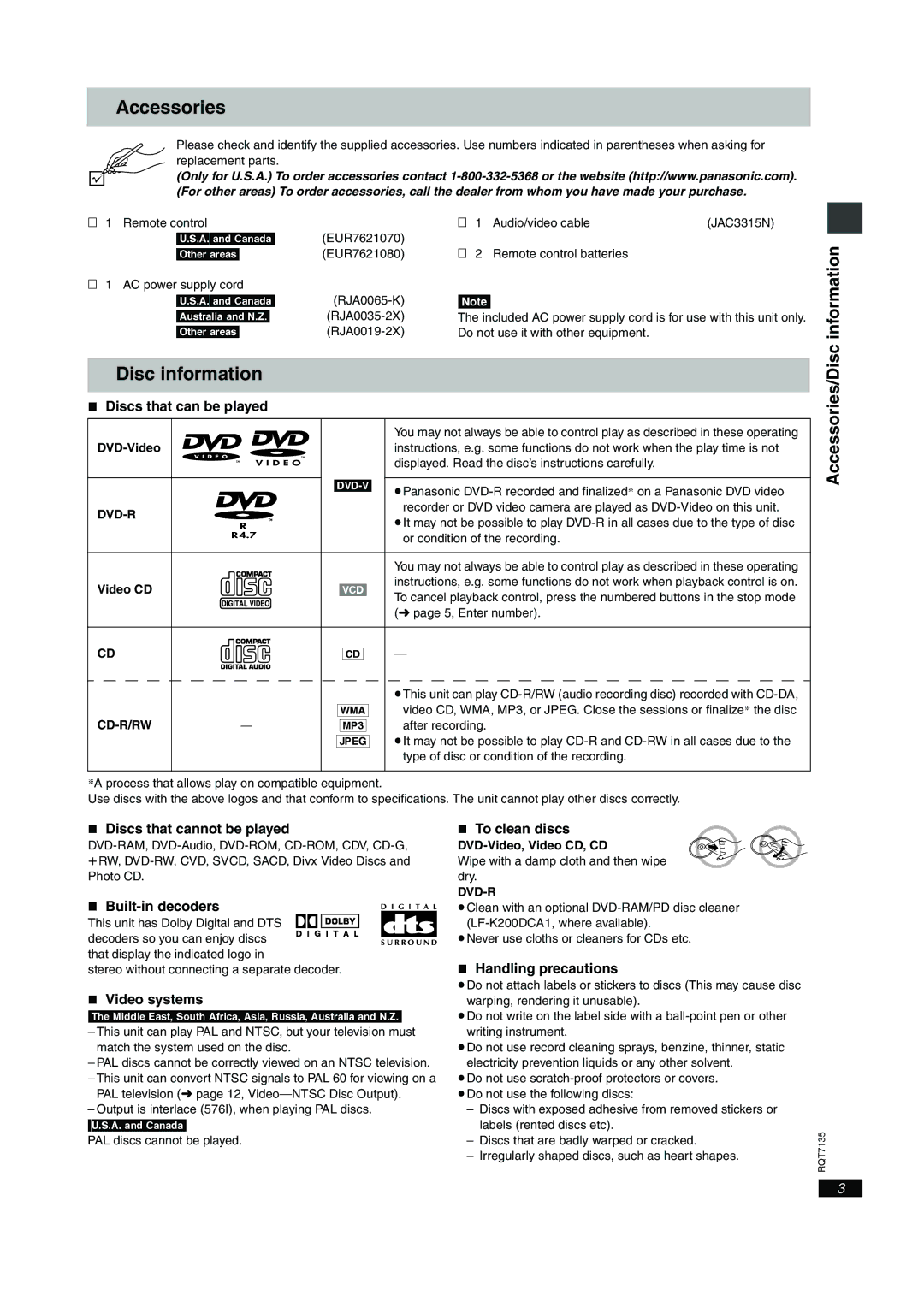 Panasonic DVD-S25, DVD-S23 important safety instructions Disc information, Information, Accessories/Disc 