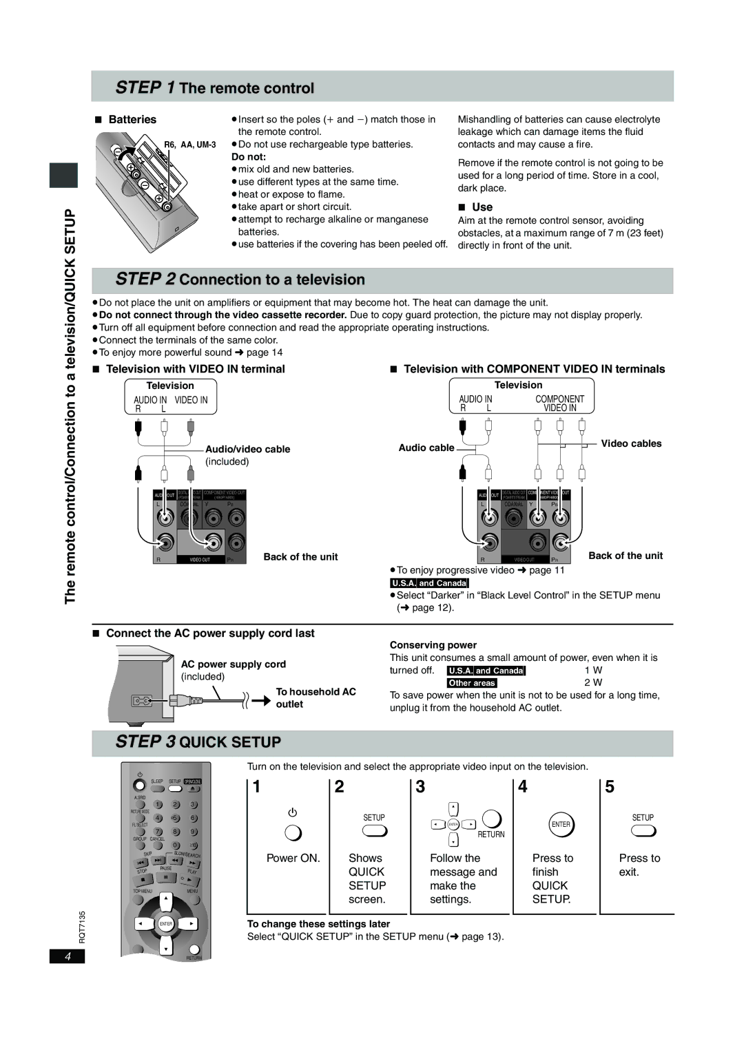 Panasonic DVD-S23, DVD-S25 Connection to a television, Setup, Remote control/Connection to a, Television/QUICK 