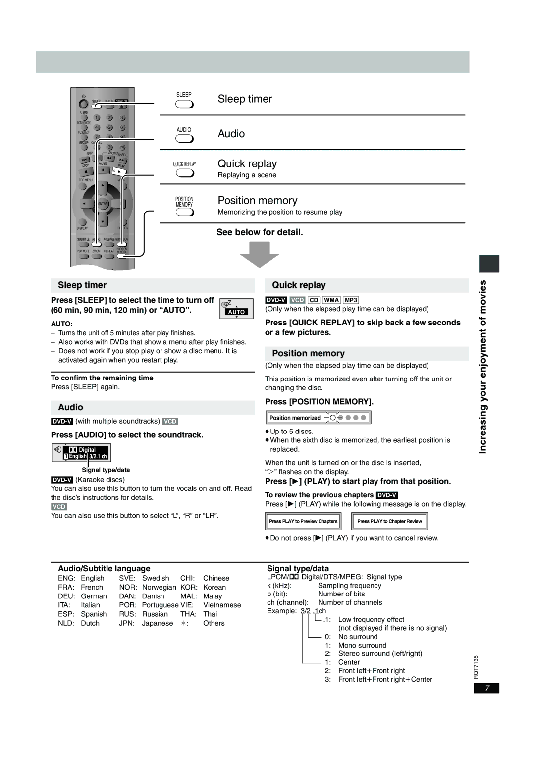 Panasonic DVD-S25, DVD-S23 Sleep timer, Audio, Quick replay, Position memory, Increasing your enjoyment of movies 